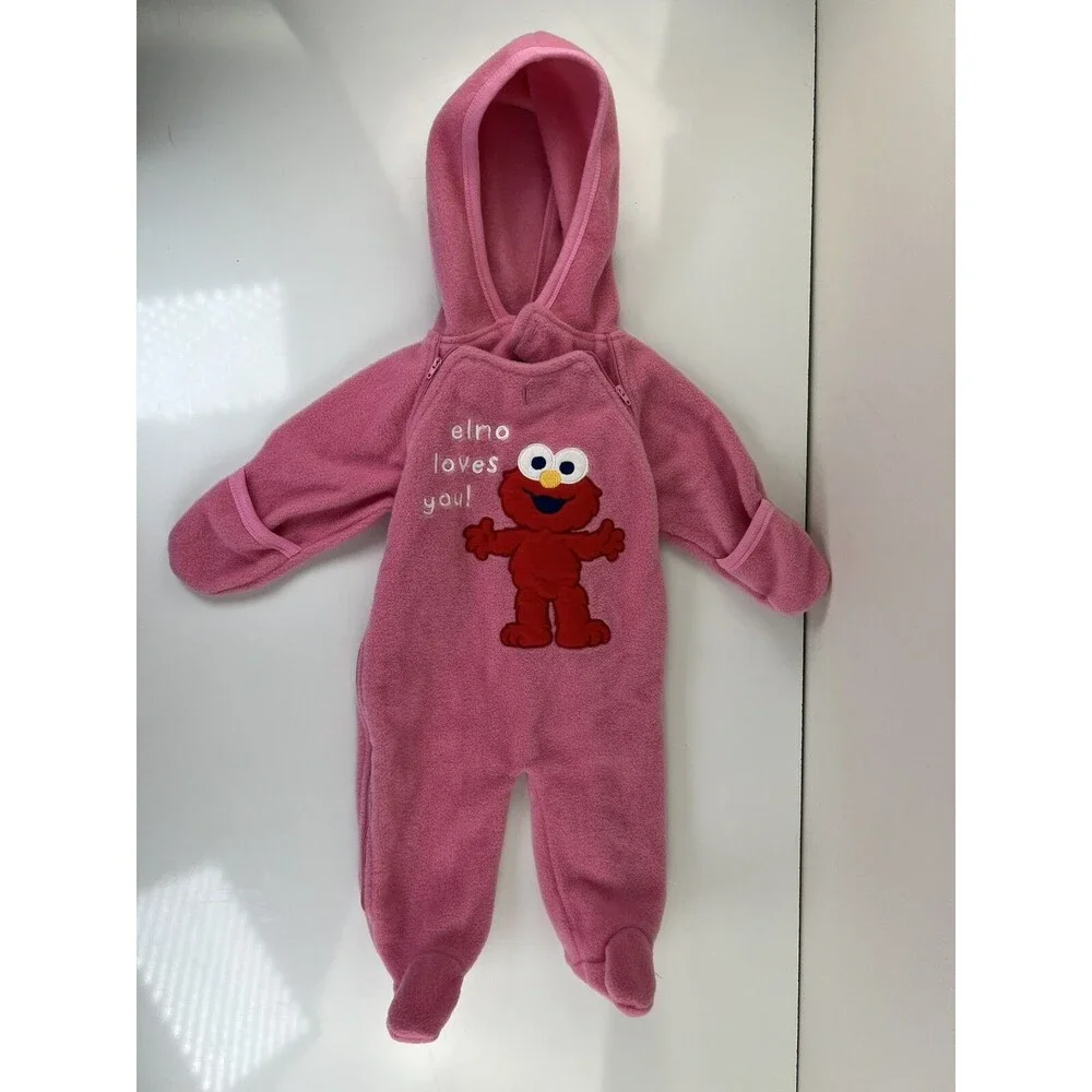Vintage Sesame Beginnings Size 3/6 M Fleece Hooded Romper Elmo Loved You Kids